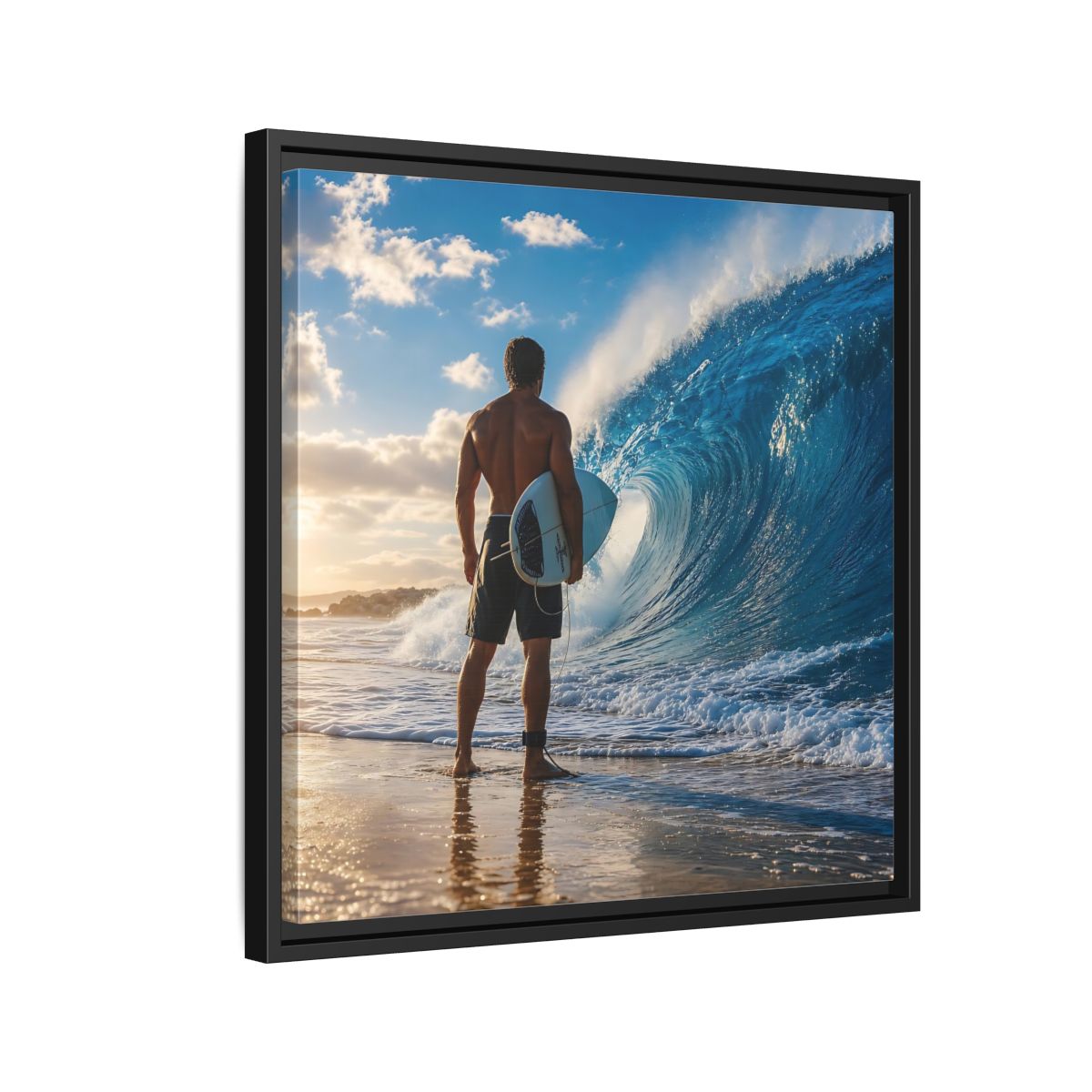 Side Mockup 12. Sunset Wave Surfer shown as framed canvas print