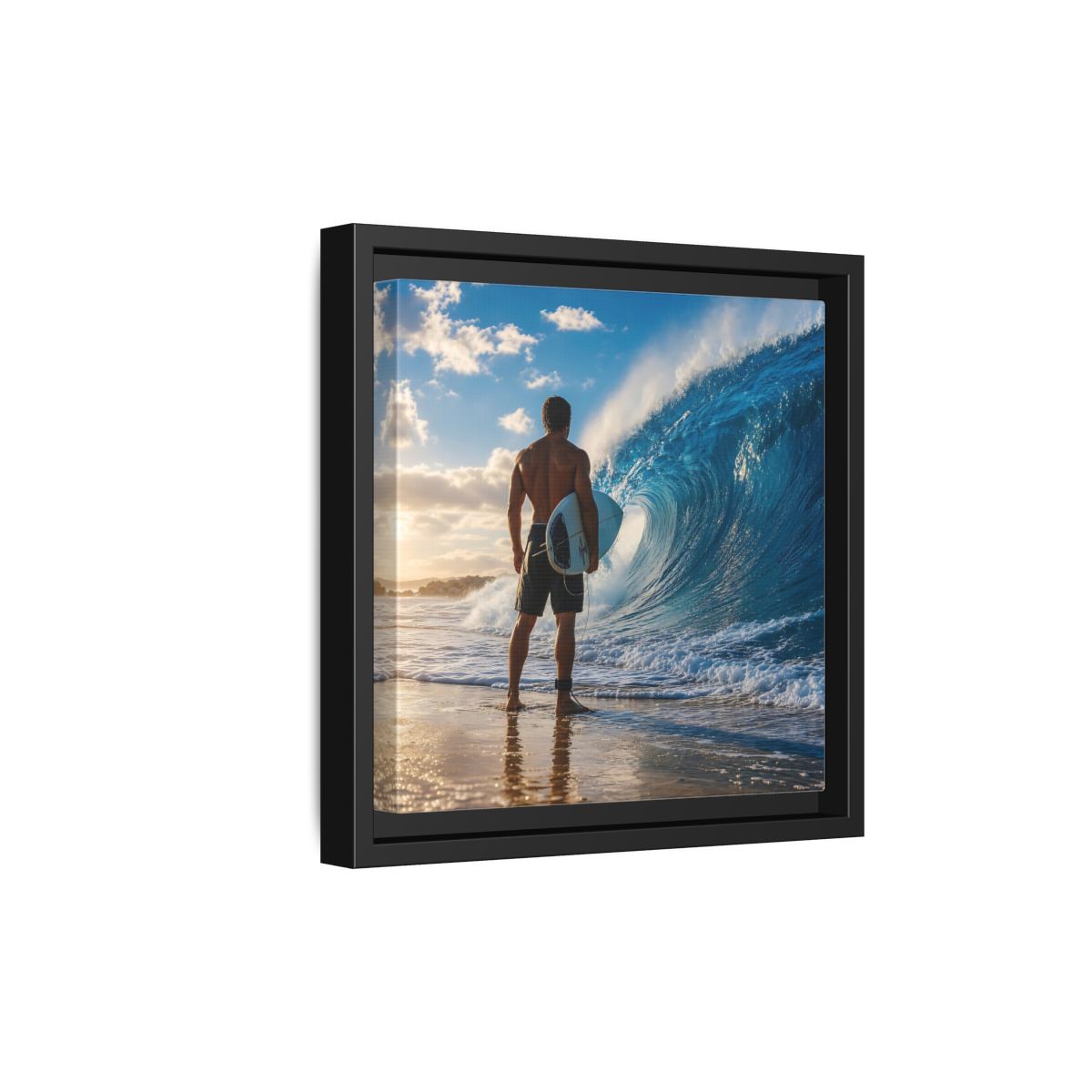 Side Mockup 21. Sunset Wave Surfer shown as framed canvas print