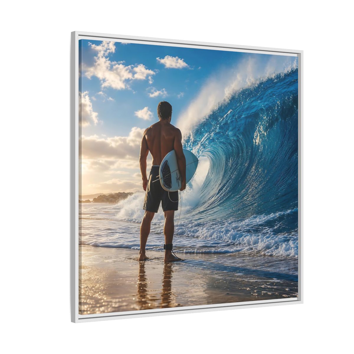 Side Mockup 4. Sunset Wave Surfer shown as framed canvas print