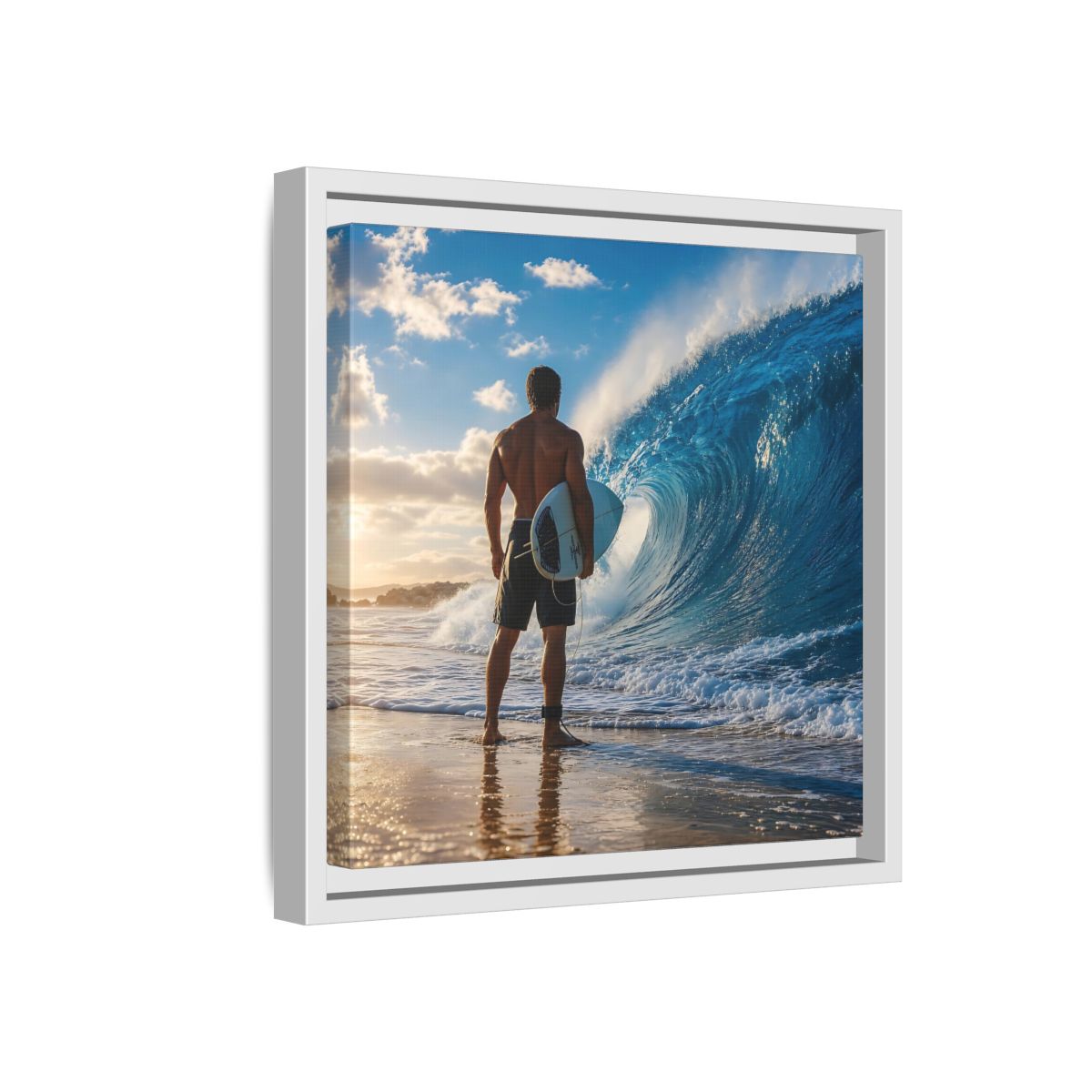 Side Mockup 16. Sunset Wave Surfer shown as framed canvas print