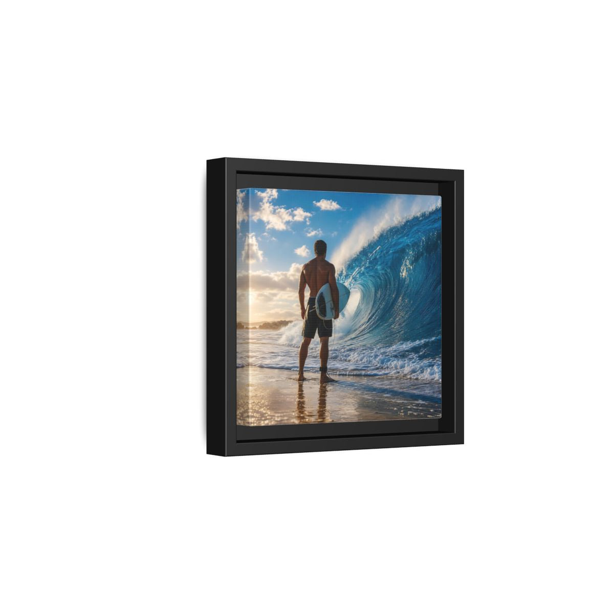 Side Mockup 3. Sunset Wave Surfer shown as framed canvas print