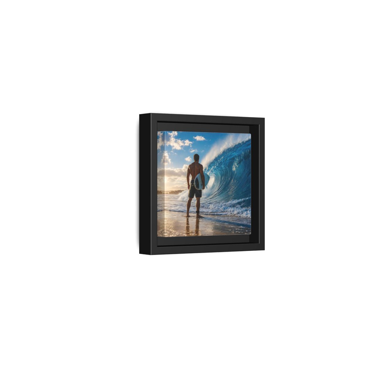 Side Mockup 24. Sunset Wave Surfer shown as framed canvas print