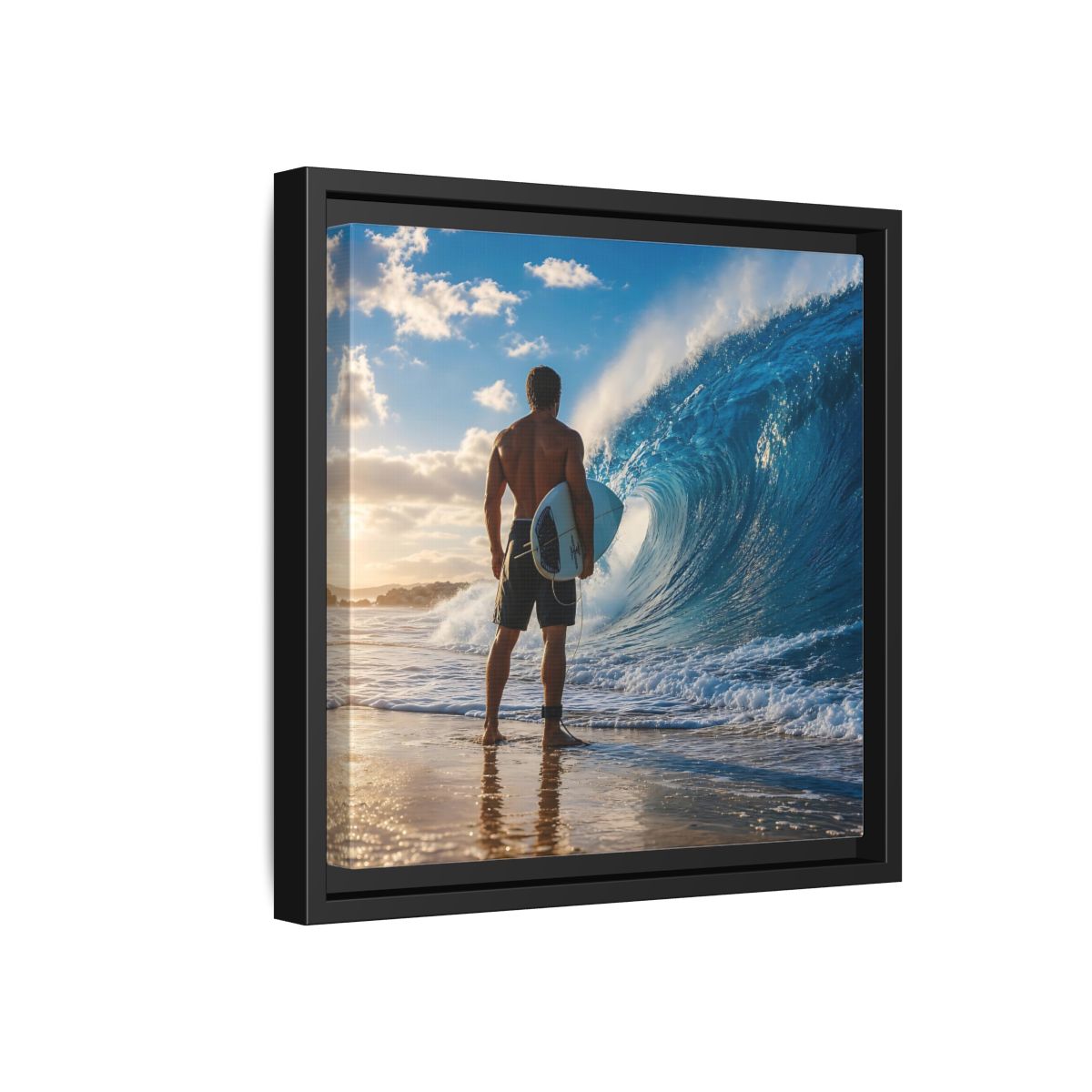 Side Mockup 18. Sunset Wave Surfer shown as framed canvas print