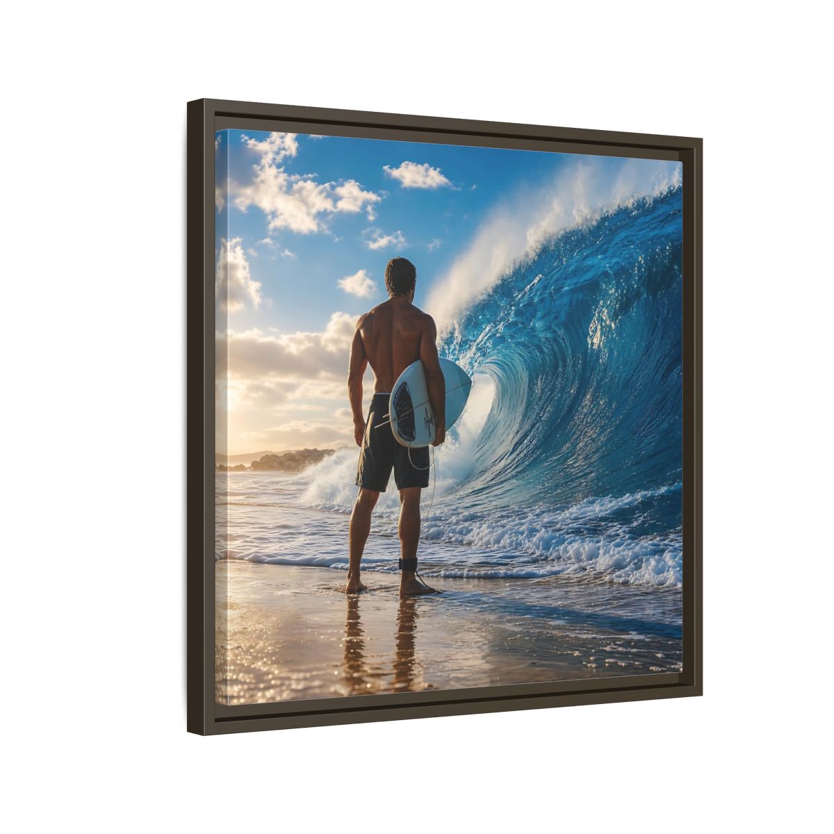 Side Mockup 11. Sunset Wave Surfer shown as framed canvas print