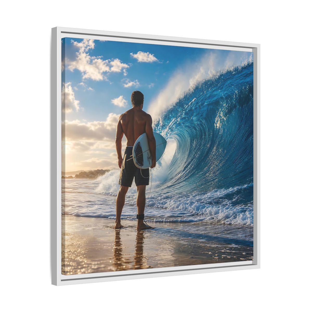 Side Mockup 26. Sunset Wave Surfer shown as framed canvas print