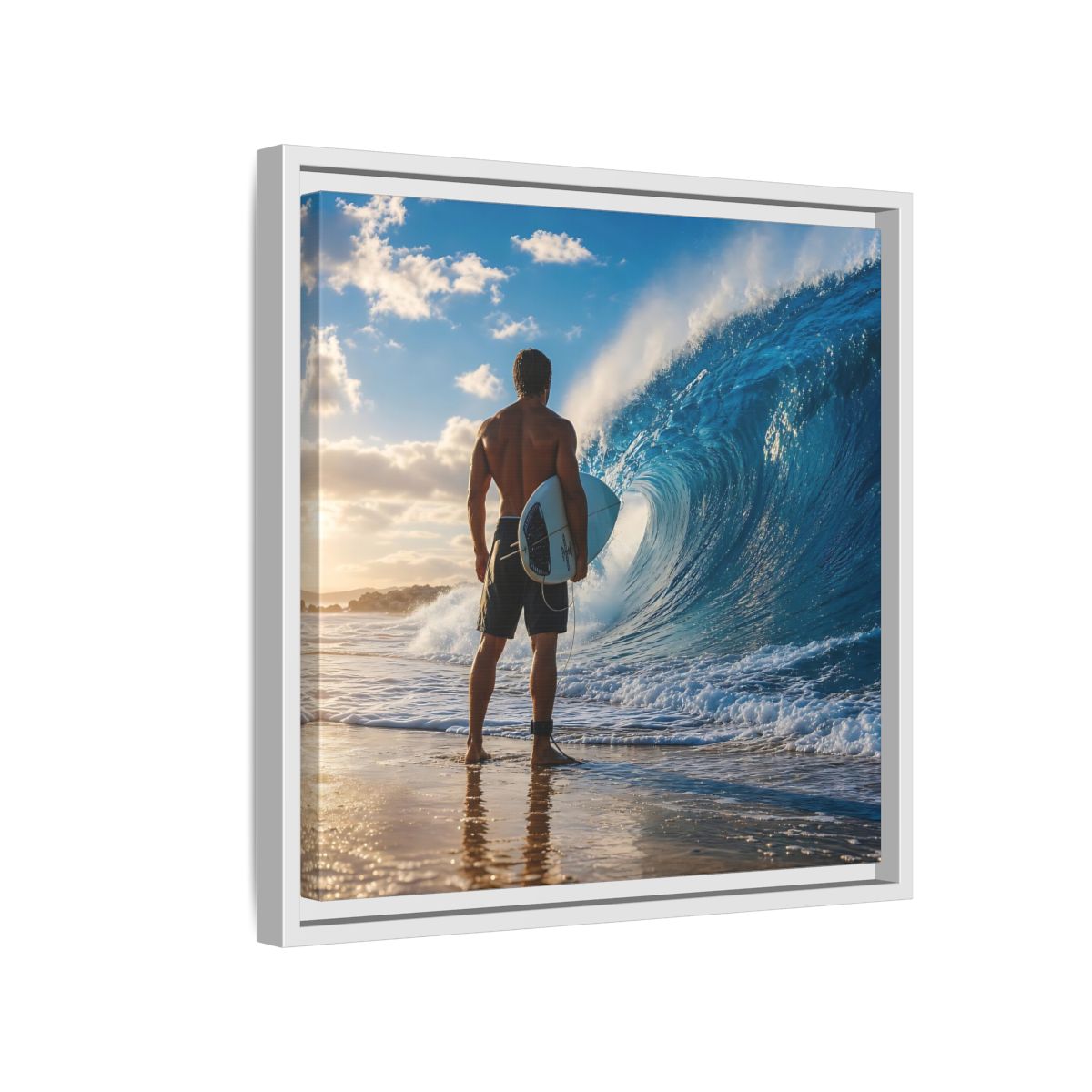 Side Mockup 13. Sunset Wave Surfer shown as framed canvas print