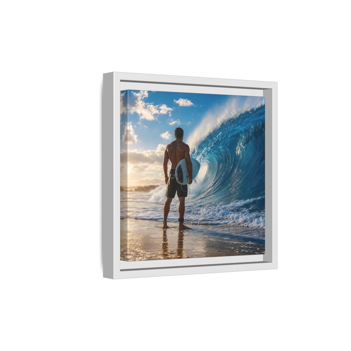 Side Mockup 19. Sunset Wave Surfer shown as framed canvas print