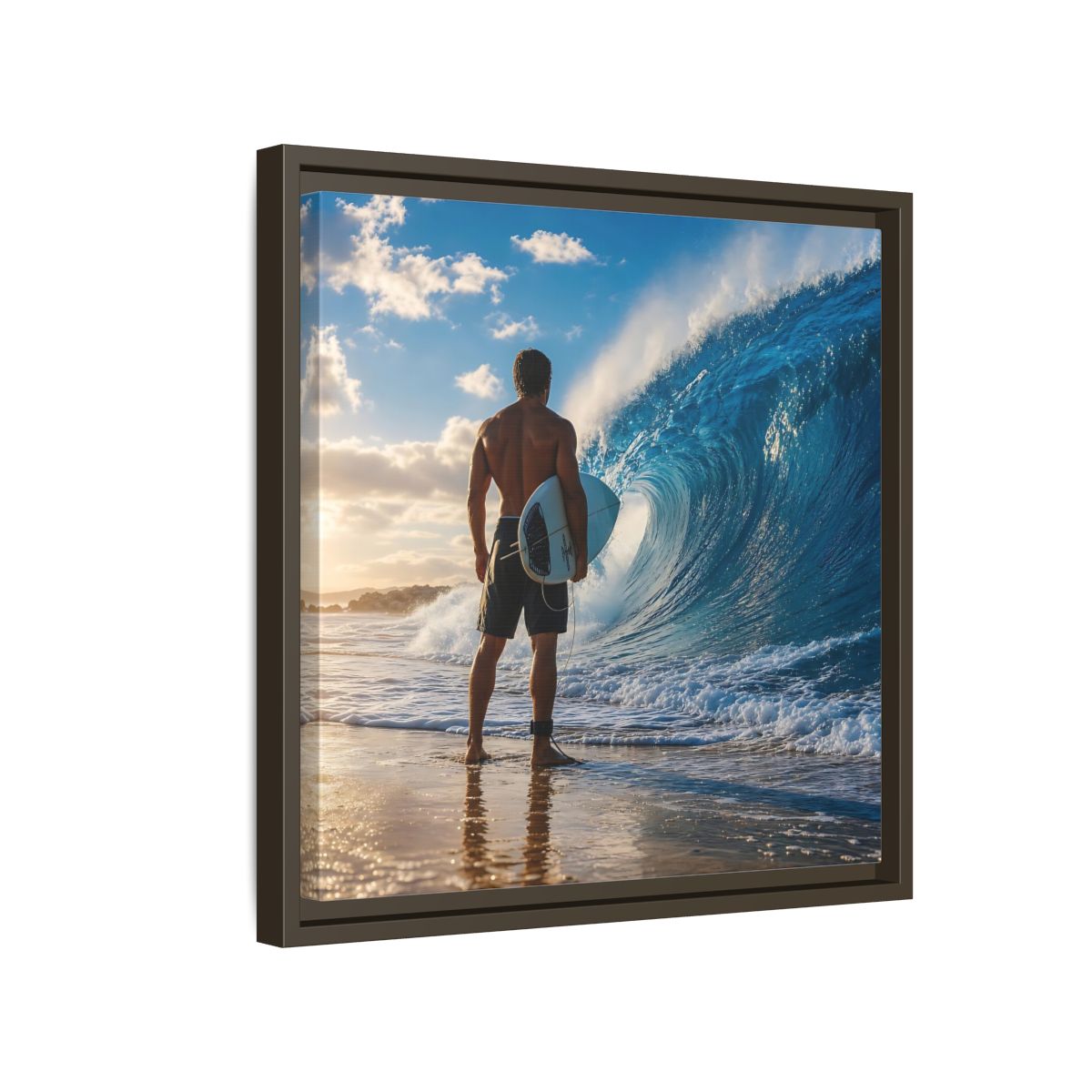 Side Mockup 14. Sunset Wave Surfer shown as framed canvas print