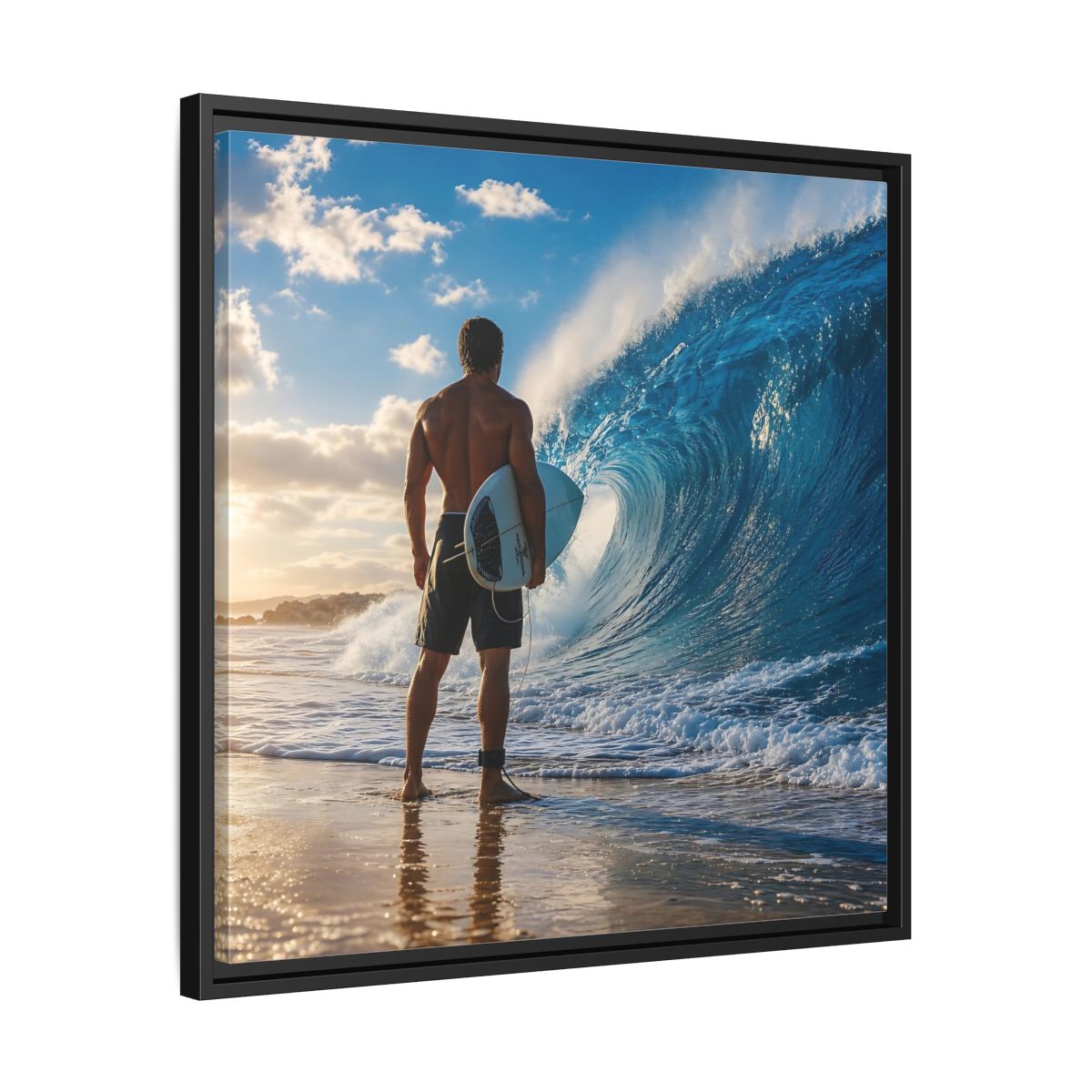 Side Mockup 31. Sunset Wave Surfer shown as framed canvas print