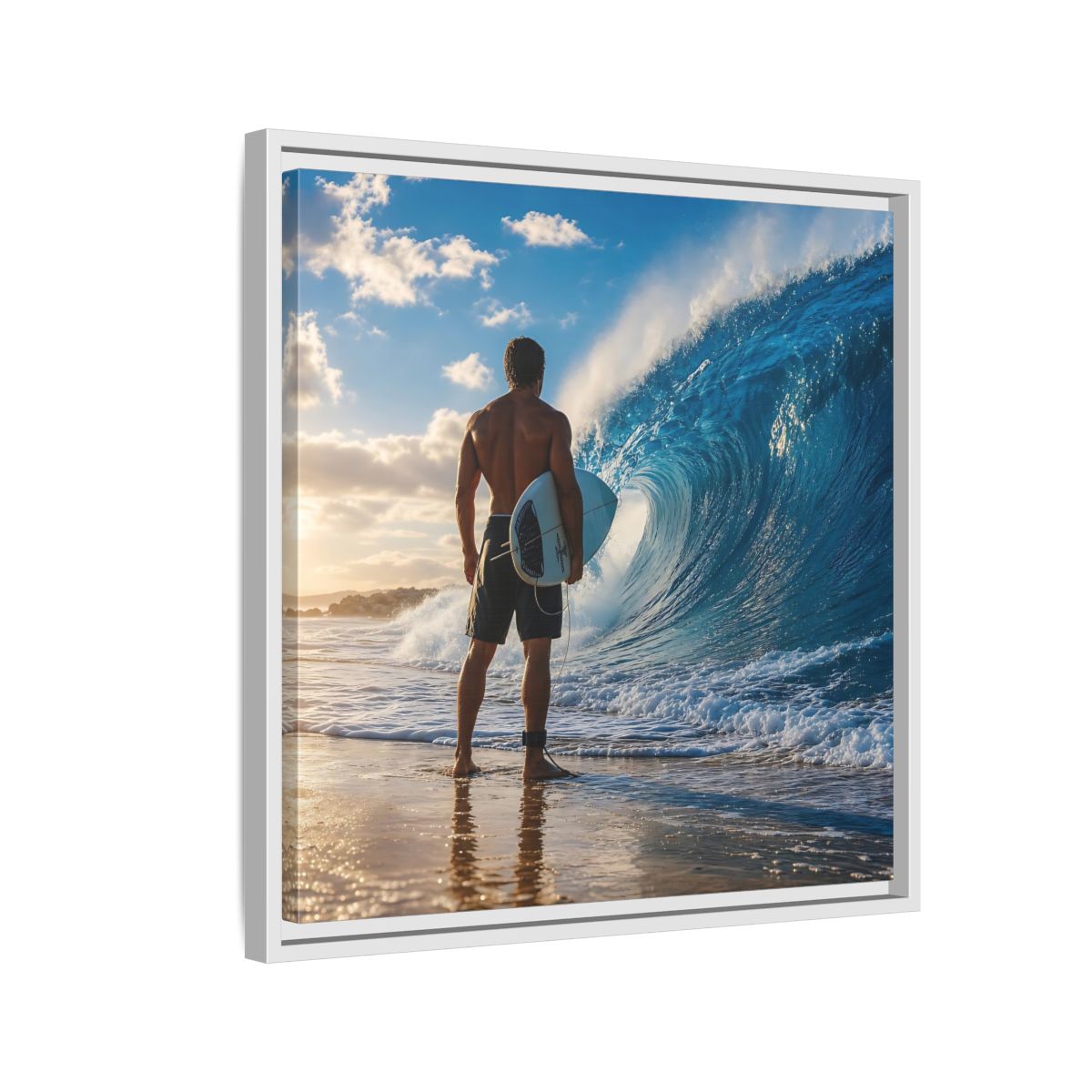 Side Mockup 10. Sunset Wave Surfer shown as framed canvas print
