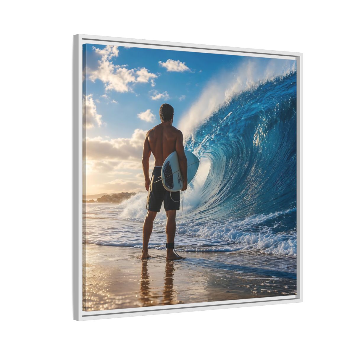 Side Mockup 7. Sunset Wave Surfer shown as framed canvas print