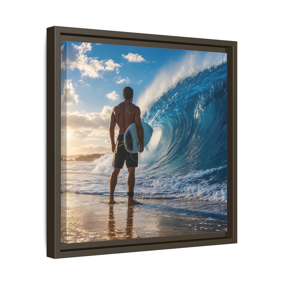 Side Mockup 29. Sunset Wave Surfer shown as framed canvas print