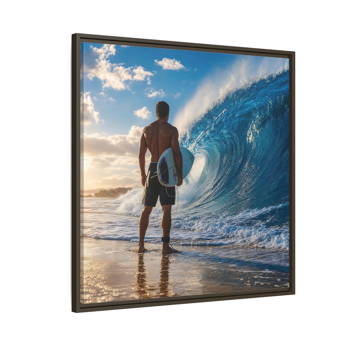 Side Mockup 8. Sunset Wave Surfer shown as framed canvas print