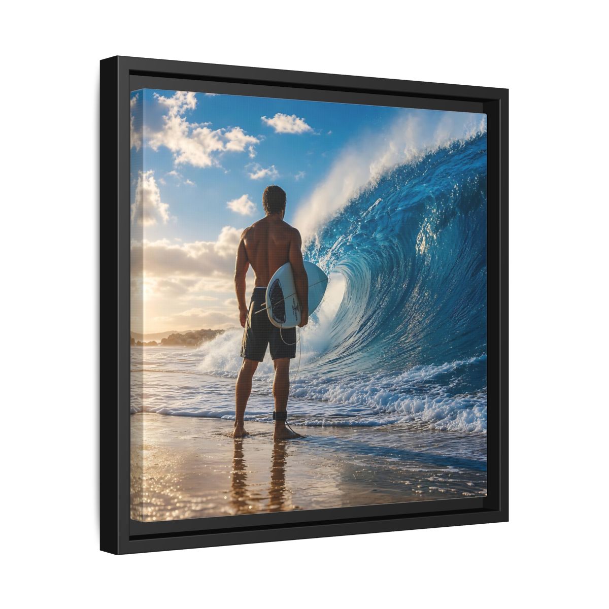 Side Mockup 32. Sunset Wave Surfer shown as framed canvas print