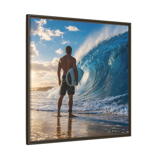 Main Mockup. Sunset Wave Surfer shown as framed canvas print