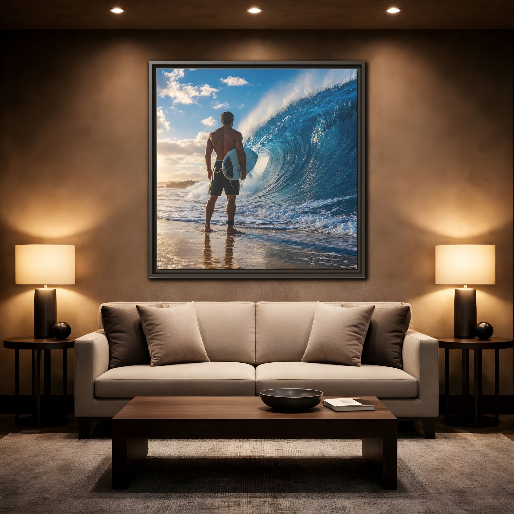 Mockup 2. Sunset Wave Surfer shown as framed canvas print