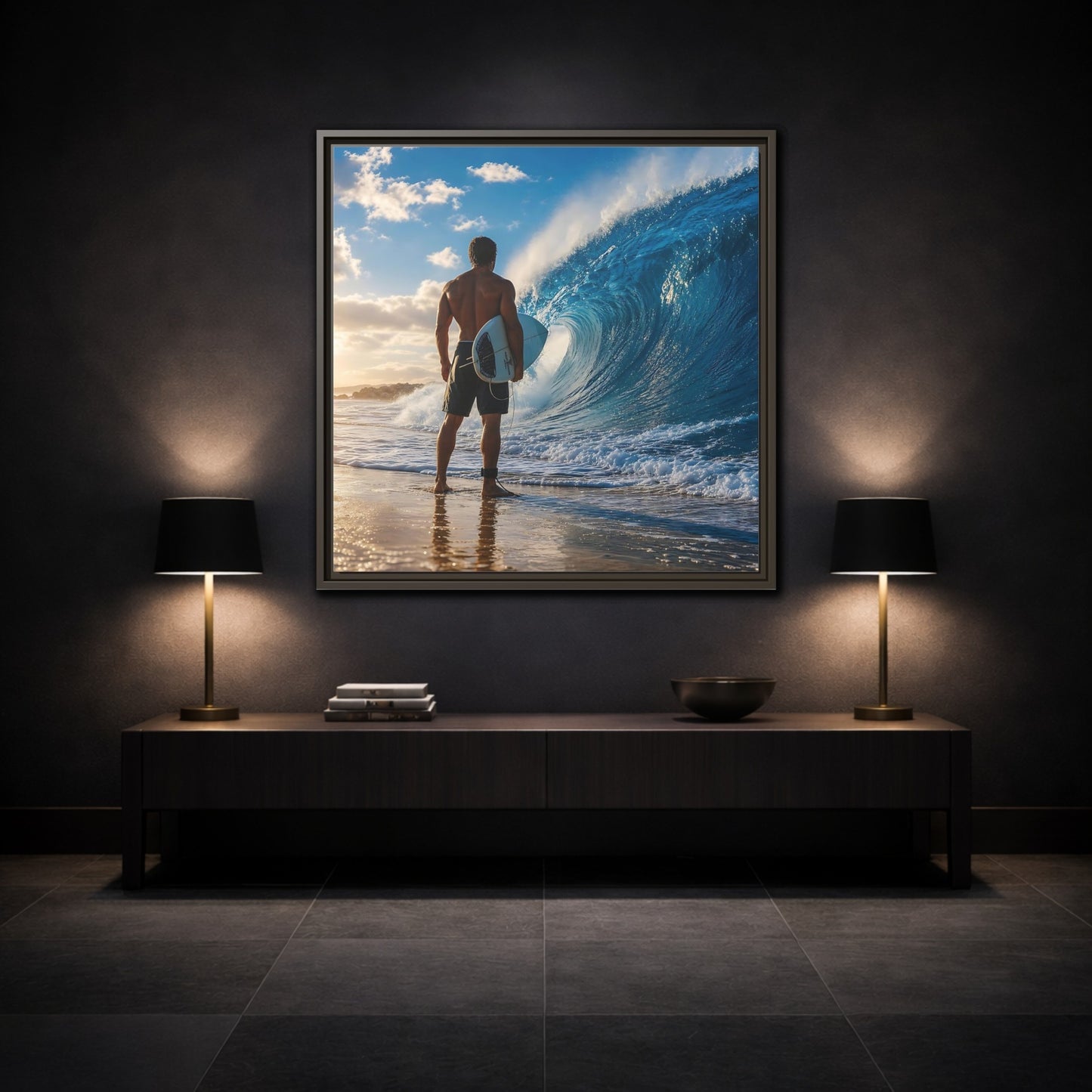 Mockup 3. Sunset Wave Surfer shown as framed canvas print