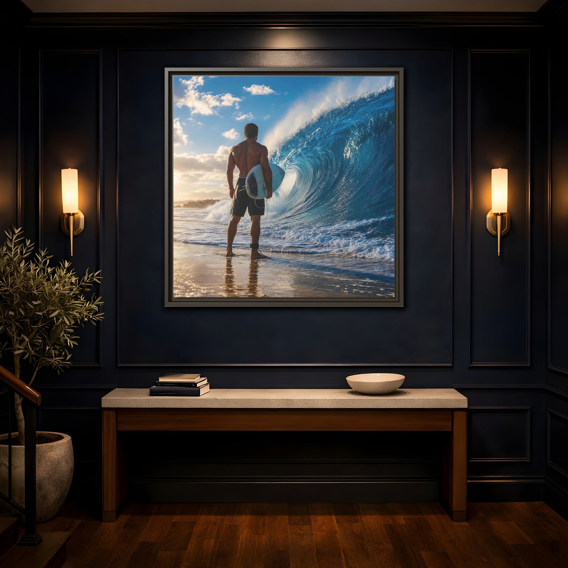 Mockup 4. Sunset Wave Surfer shown as framed canvas print