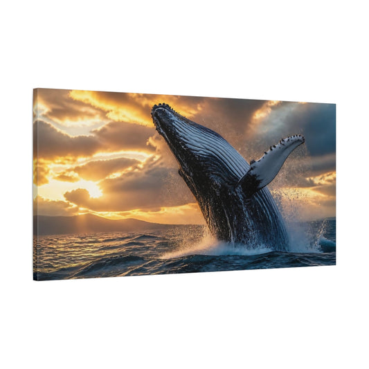 Main Mockup. Sunset Whale Breach shown as canvas print