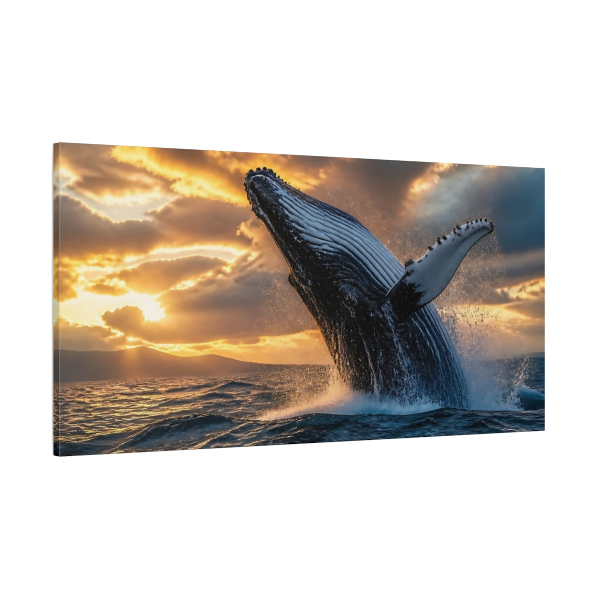 Side Mockup 2. Sunset Whale Breach shown as canvas print