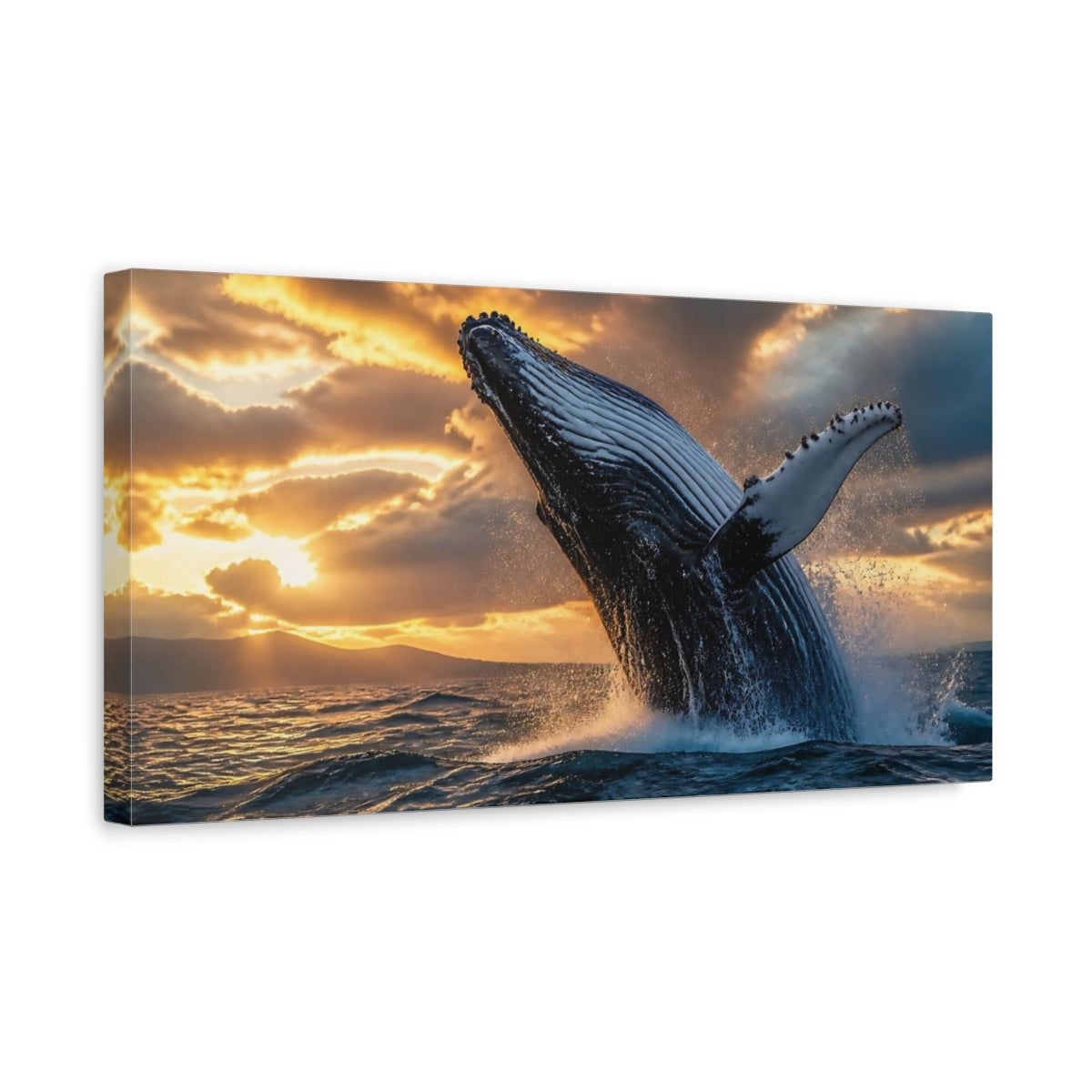 Side Mockup 3. Sunset Whale Breach shown as canvas print