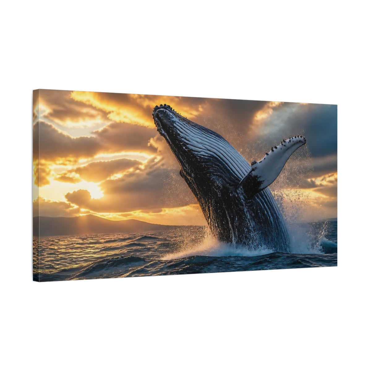 Side Mockup 1. Sunset Whale Breach shown as canvas print