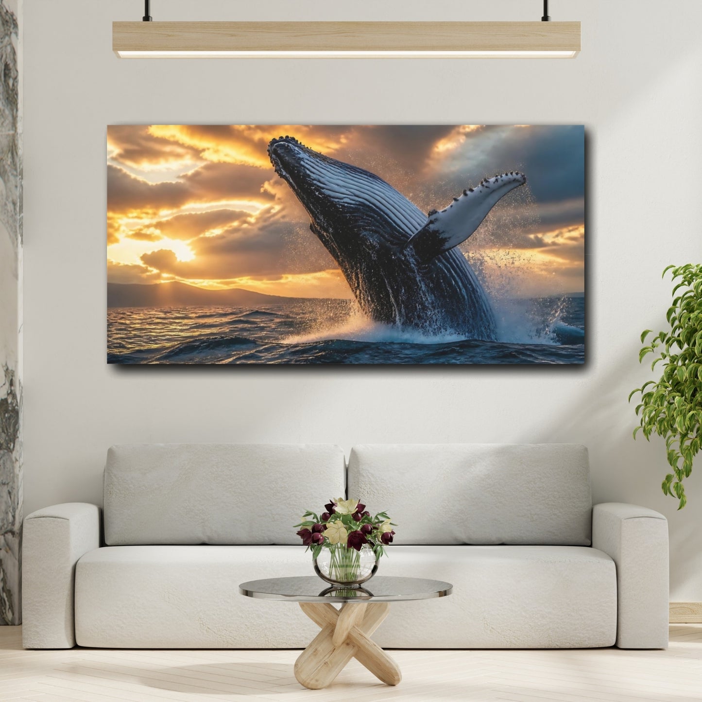 Mockup 2. Sunset Whale Breach shown as canvas print