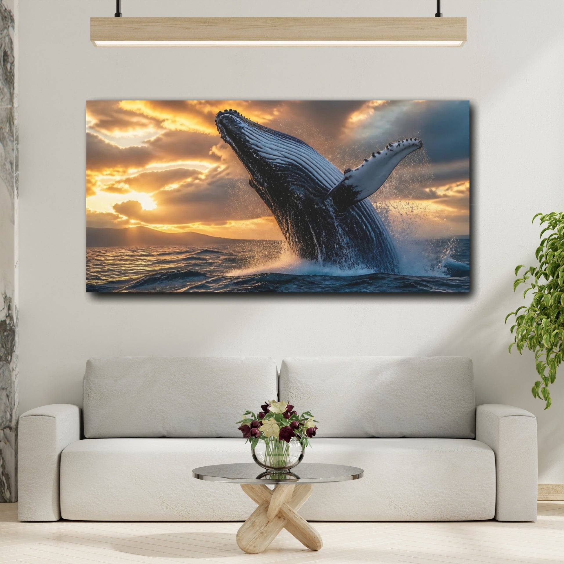 Mockup 2. Sunset Whale Breach shown as canvas print
