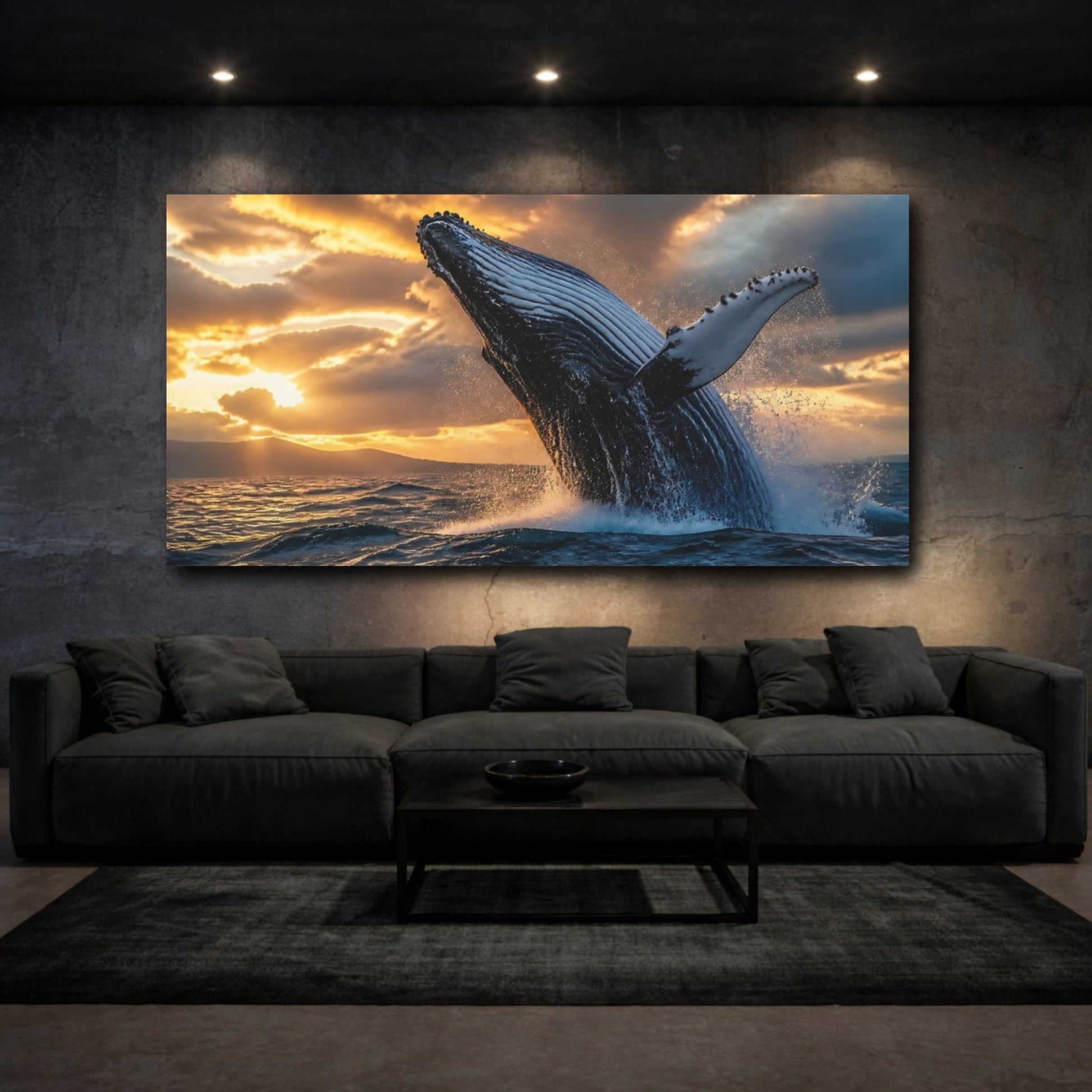 Mockup 3. Sunset Whale Breach shown as canvas print