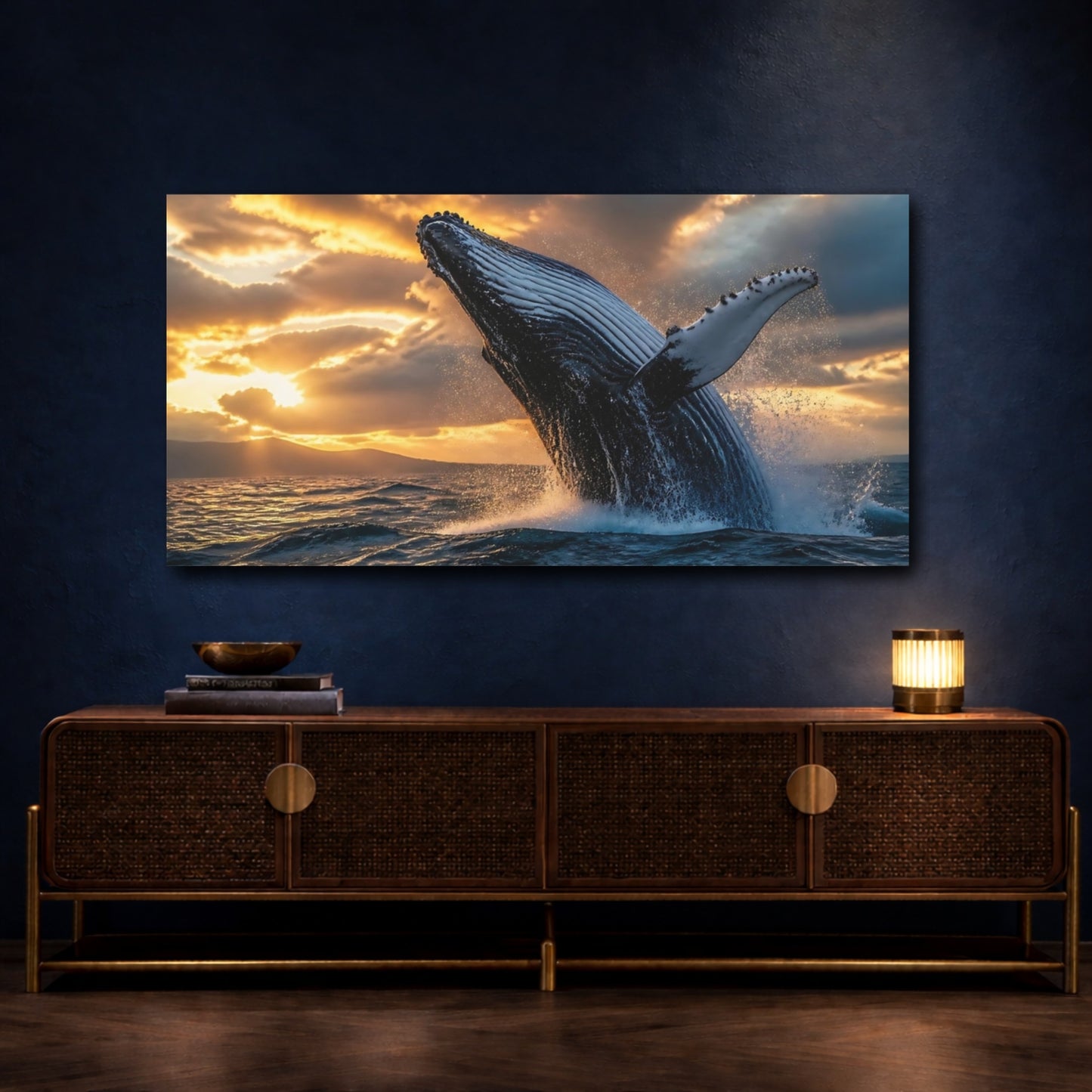 Mockup 4. Sunset Whale Breach shown as canvas print