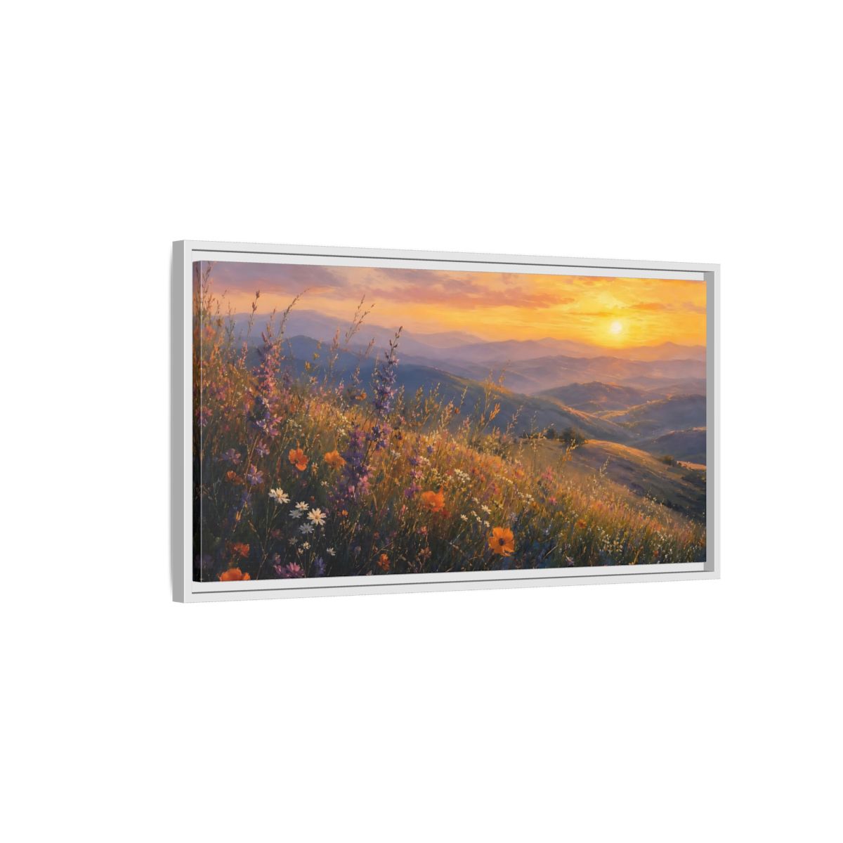 Side Mockup 1. Sunset Wildflower Meadow shown as framed canvas print