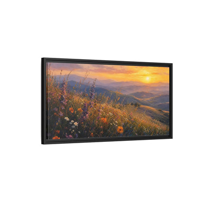 Side Mockup 2. Sunset Wildflower Meadow shown as framed canvas print