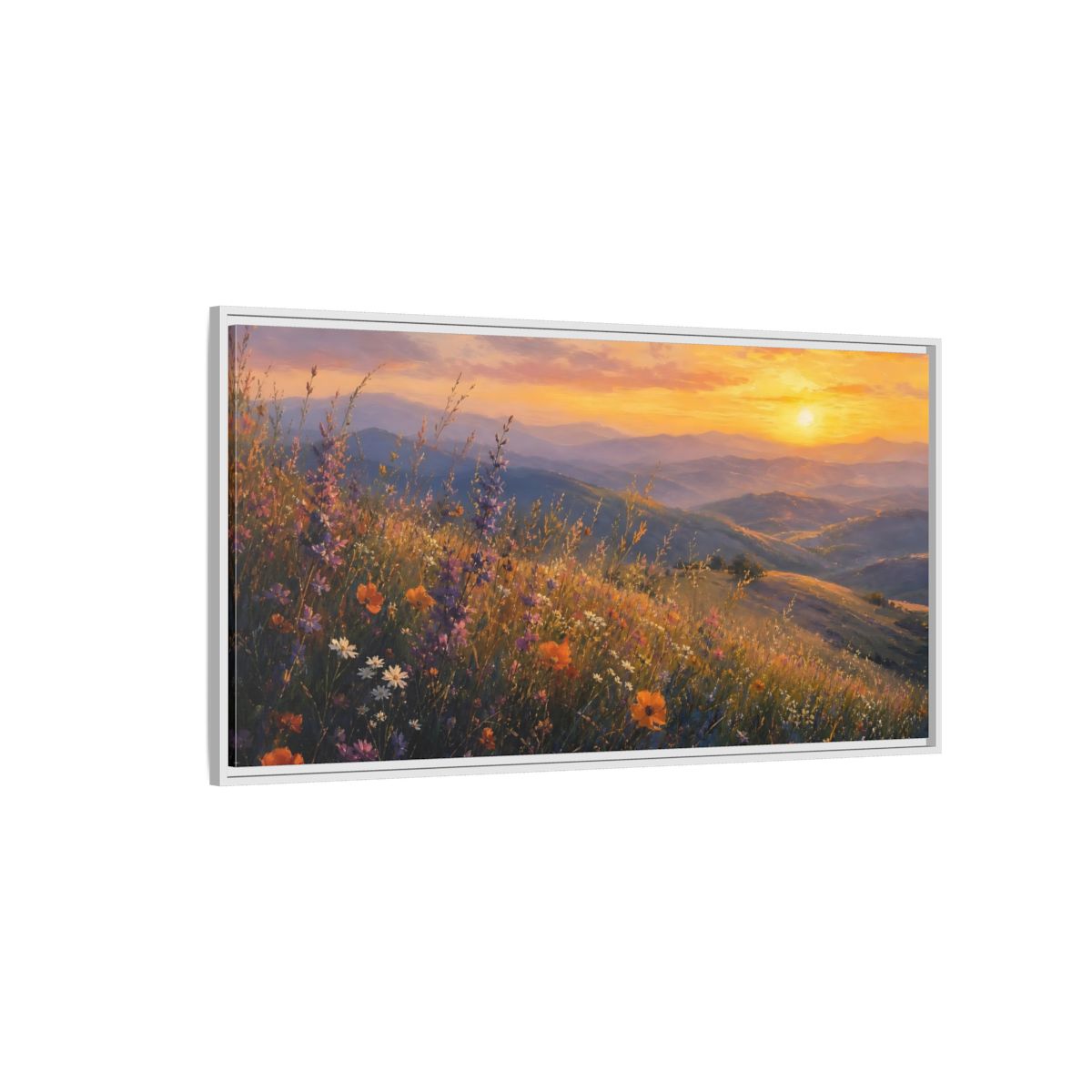 Side Mockup 3. Sunset Wildflower Meadow shown as framed canvas print
