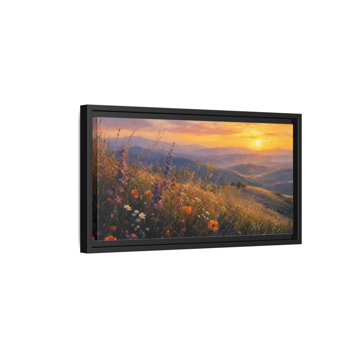 Side Mockup 8. Sunset Wildflower Meadow shown as framed canvas print