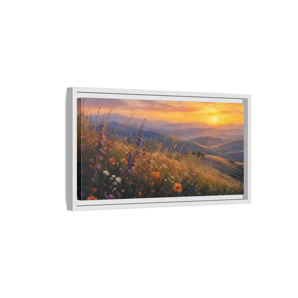 Side Mockup 6. Sunset Wildflower Meadow shown as framed canvas print