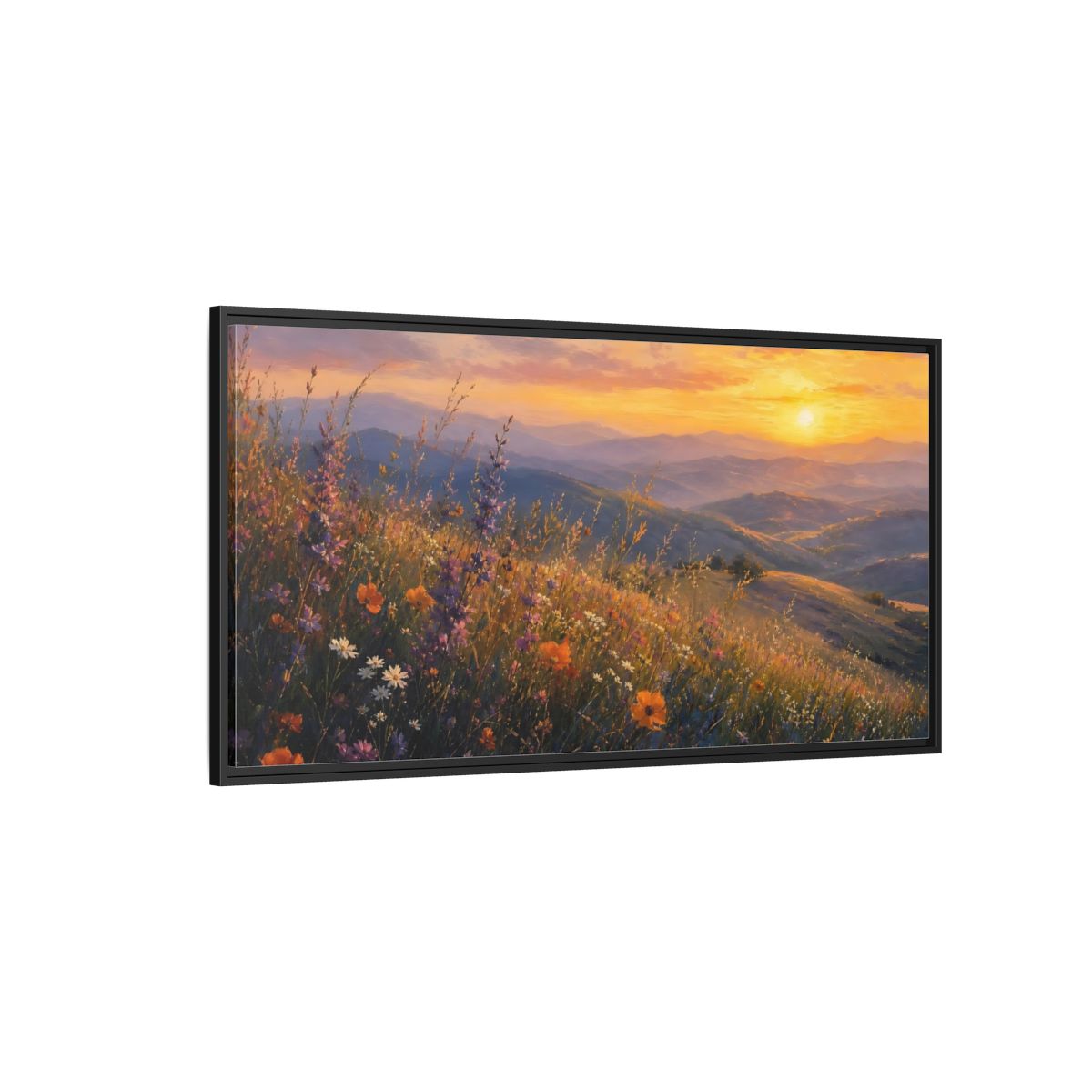 Side Mockup 5. Sunset Wildflower Meadow shown as framed canvas print