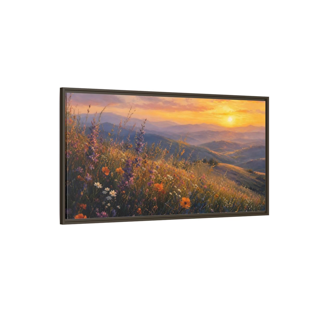 Side Mockup 4. Sunset Wildflower Meadow shown as framed canvas print