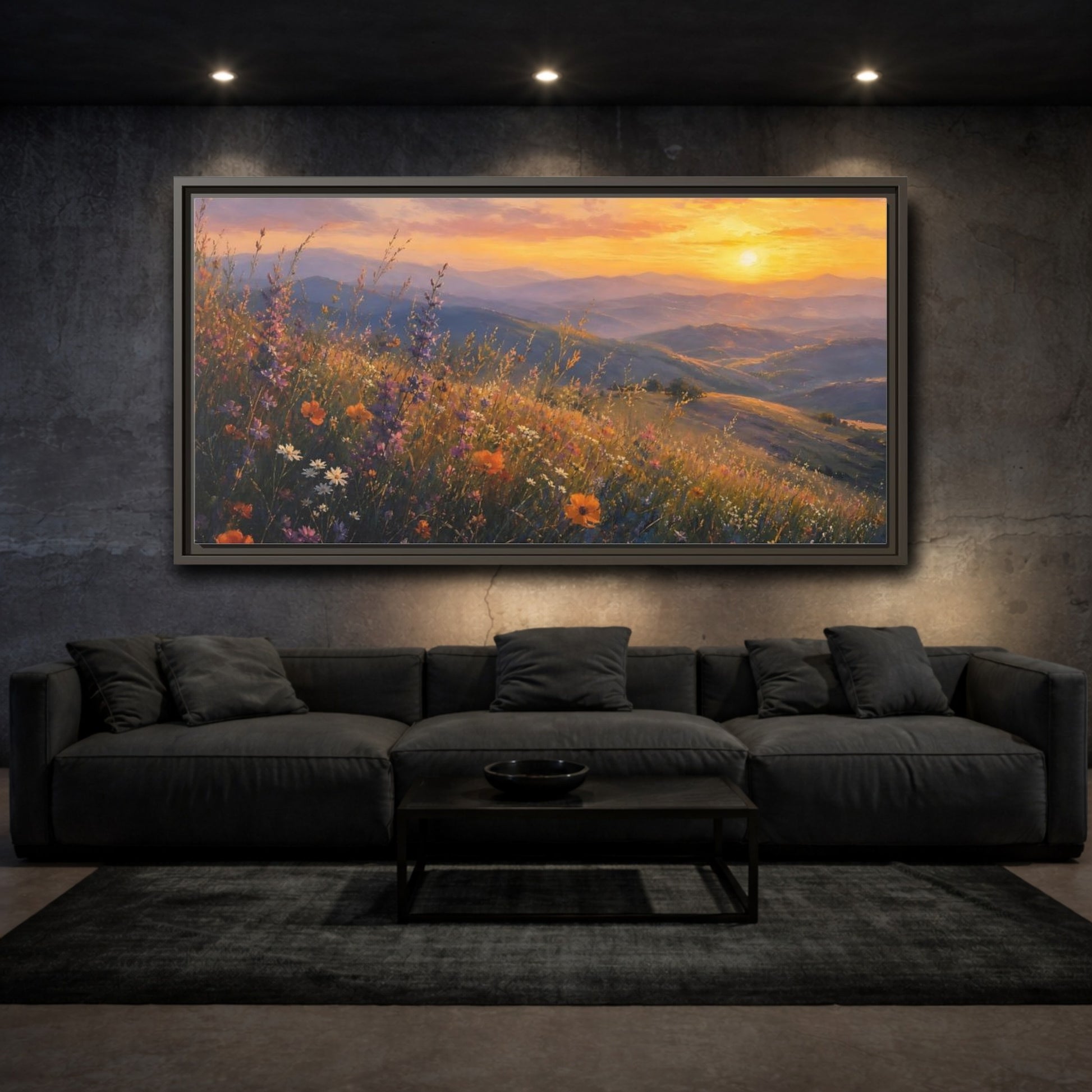 Mockup 3. Sunset Wildflower Meadow shown as framed canvas print