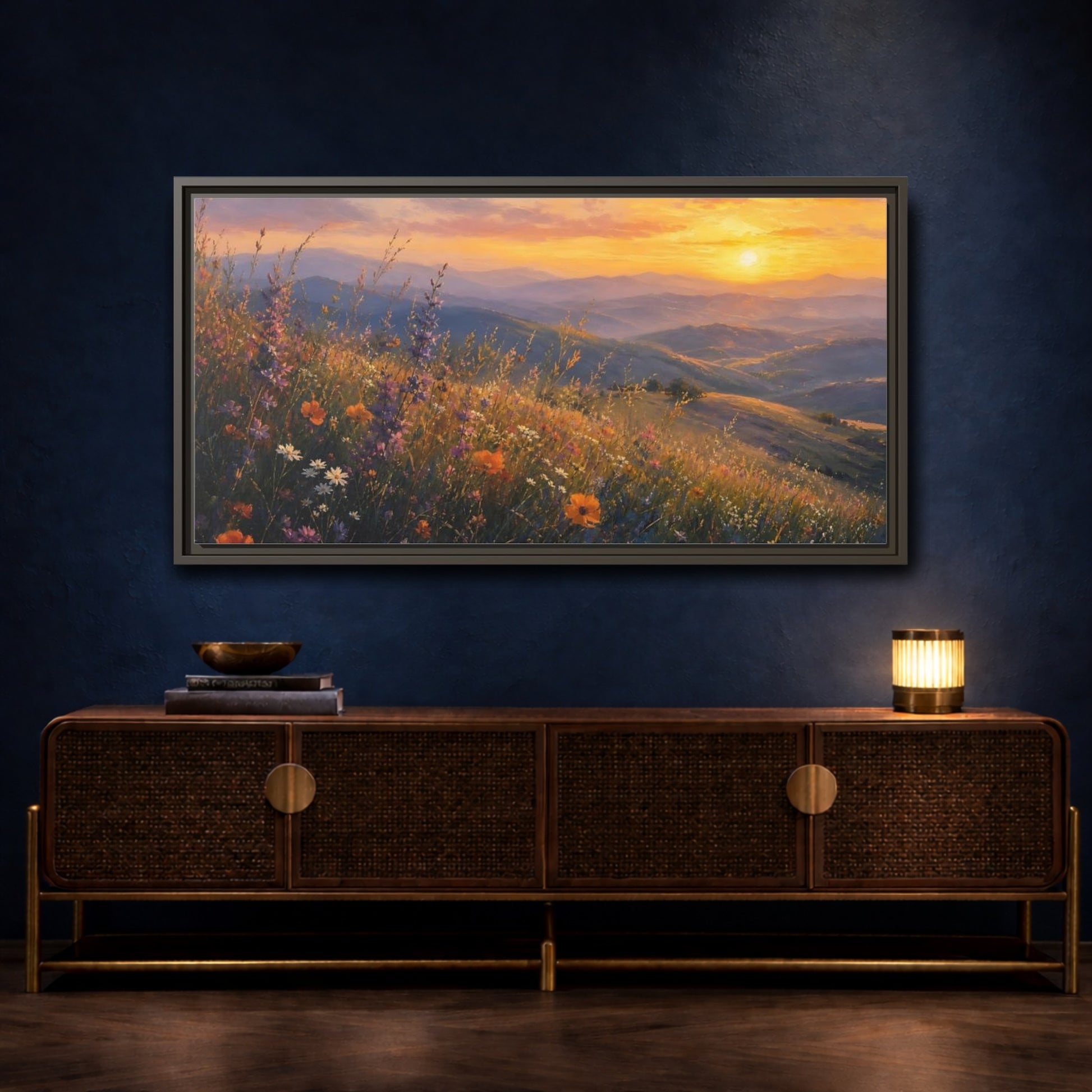 Mockup 4. Sunset Wildflower Meadow shown as framed canvas print
