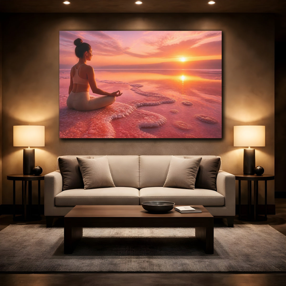 Mockup 2. Sunset Yoga Meditation shown as canvas print
