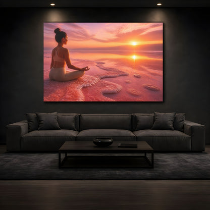 Mockup 3. Sunset Yoga Meditation shown as canvas print