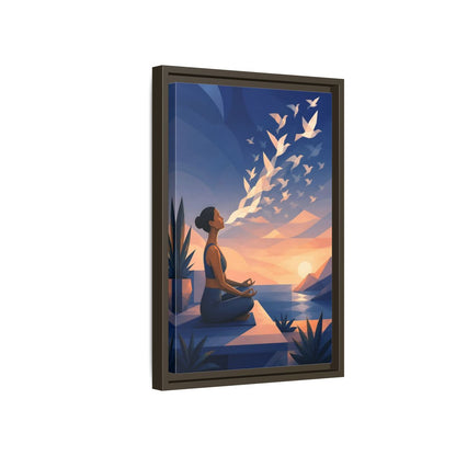 Side Mockup 5. Sunset Yoga With Birds shown as framed canvas print
