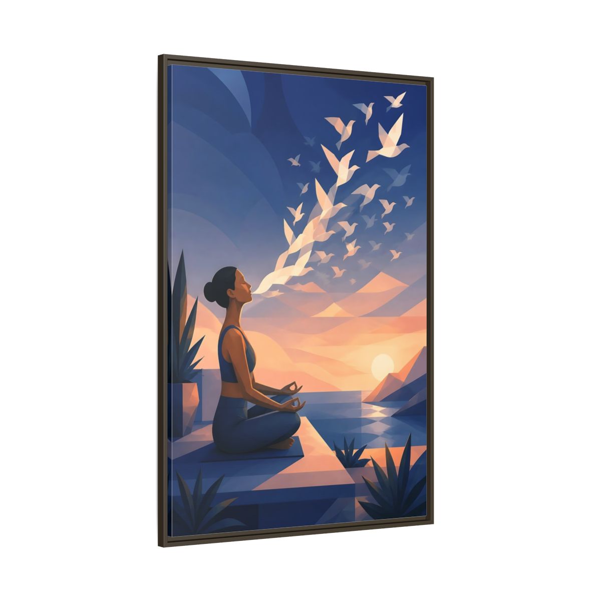 Side Mockup 8. Sunset Yoga With Birds shown as framed canvas print