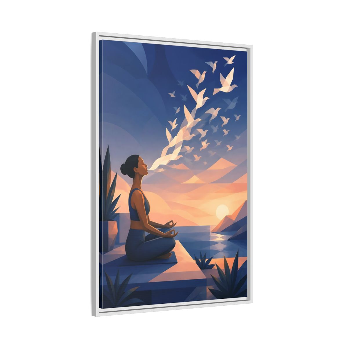 Side Mockup 9. Sunset Yoga With Birds shown as framed canvas print