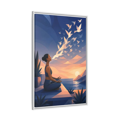 Side Mockup 9. Sunset Yoga With Birds shown as framed canvas print