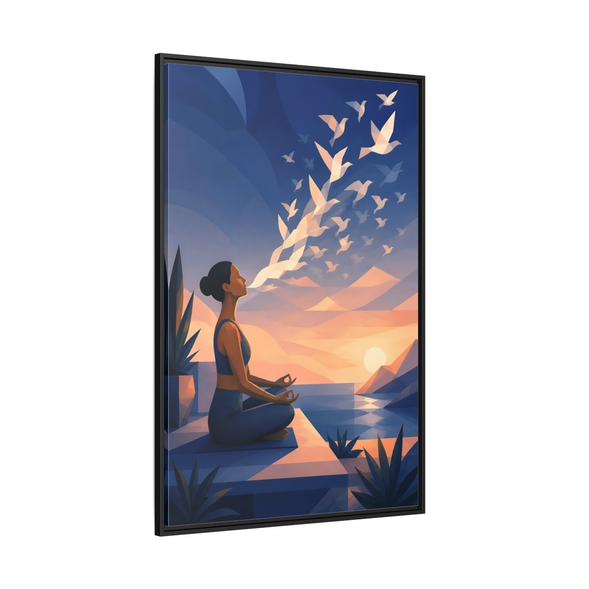 Side Mockup 12. Sunset Yoga With Birds shown as framed canvas print