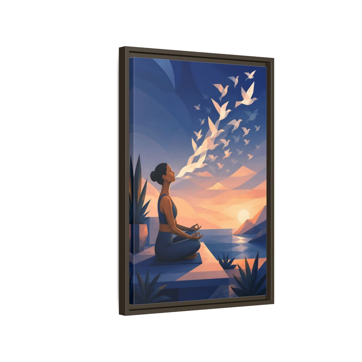 Side Mockup 2. Sunset Yoga With Birds shown as framed canvas print