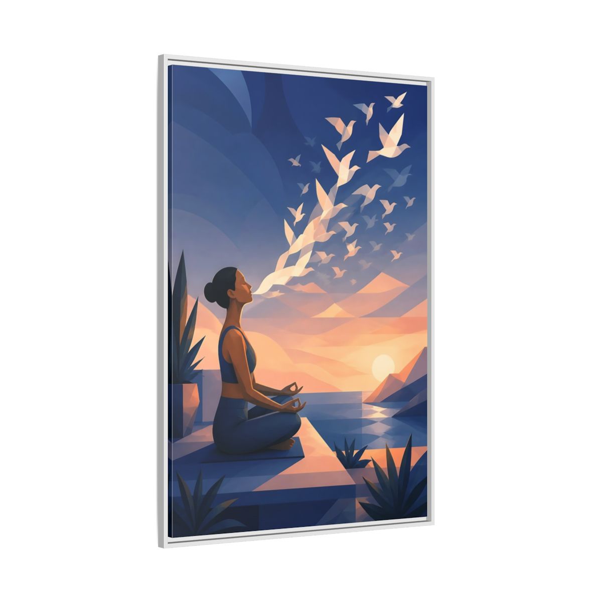 Side Mockup 7. Sunset Yoga With Birds shown as framed canvas print