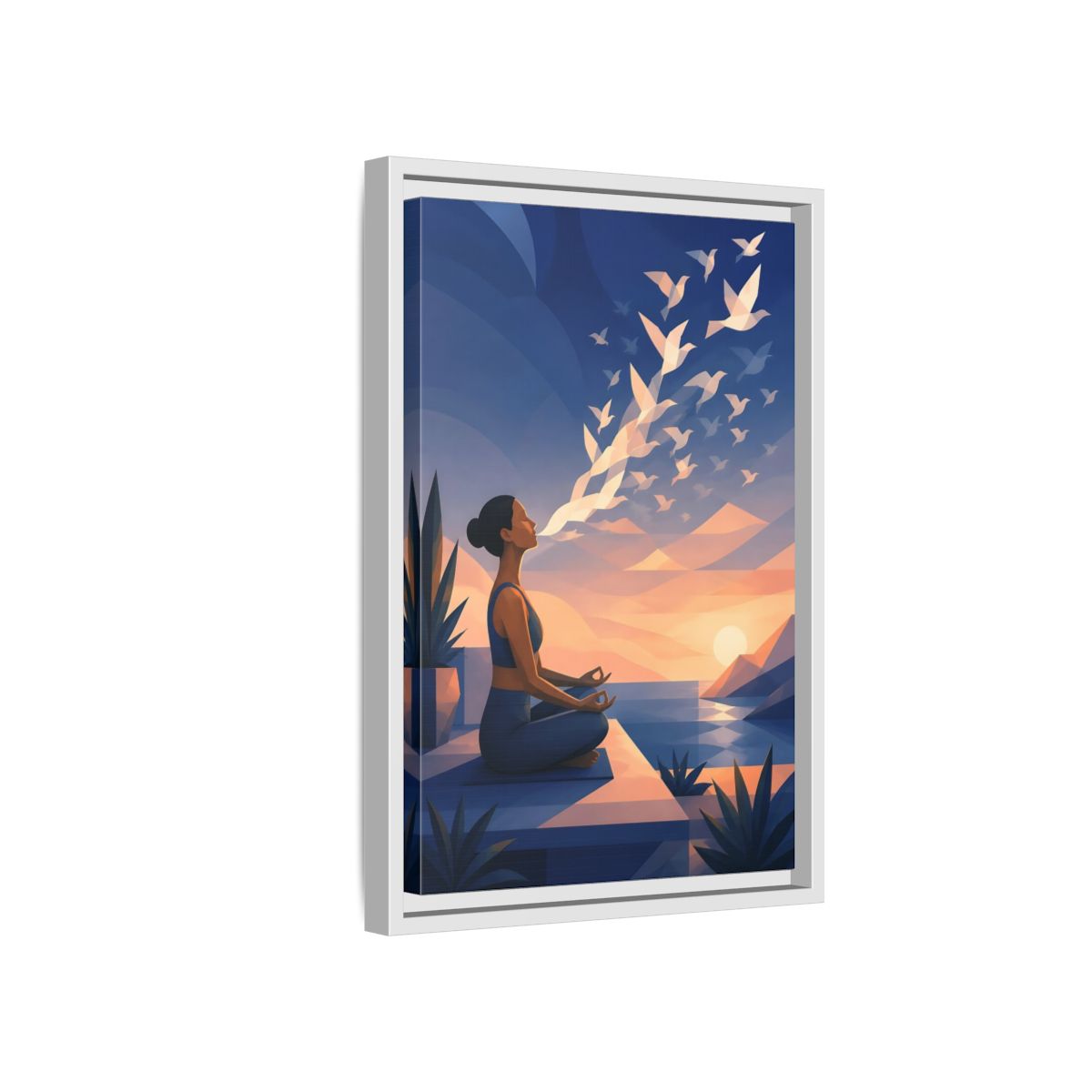 Side Mockup 4. Sunset Yoga With Birds shown as framed canvas print
