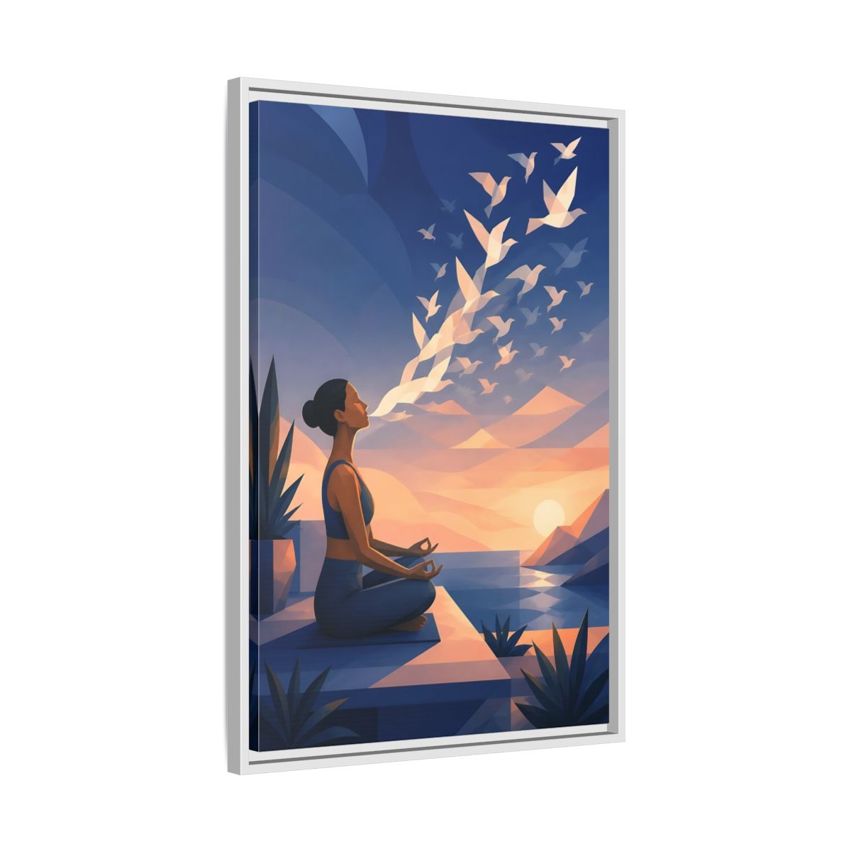 Side Mockup 10. Sunset Yoga With Birds shown as framed canvas print